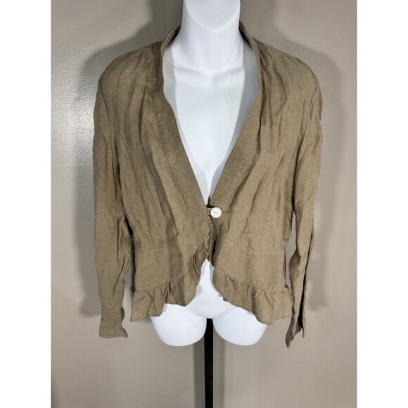 Sz M J JILL 100% Linen Cocoa Brown Long Sleeve Ruffled Blazer Button Jacket - Picture 1 of 7